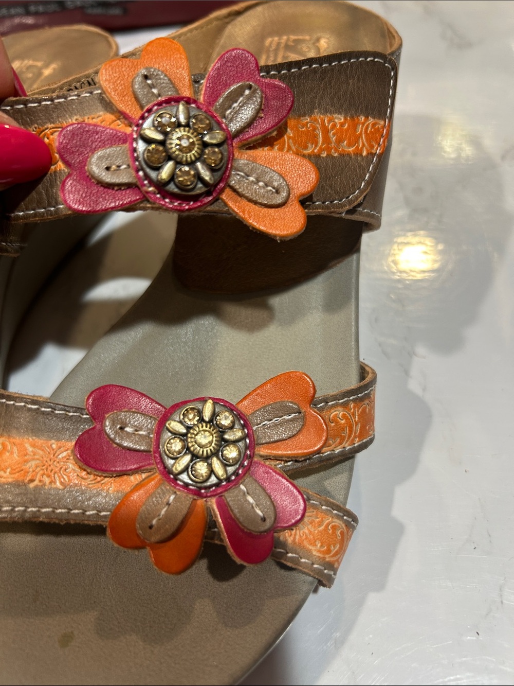 L' artiste Spring Step Brown Slide Sandals with Orange and Pink Floral Accents - Picture 9 of 10